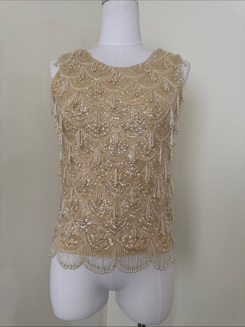 VTG 1960s Doreen Loh Hand Beaded Cocktail Dress Cream Sequin Pearl Hong Kong 36